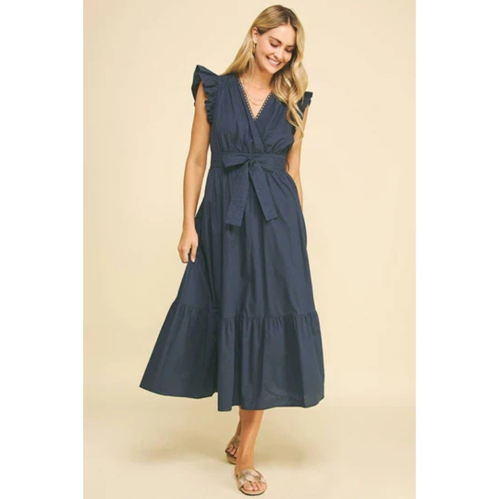 Pinch Womens Deep Navy Eyelet‎ Detail Midi Dress Size Large Cotton Blue